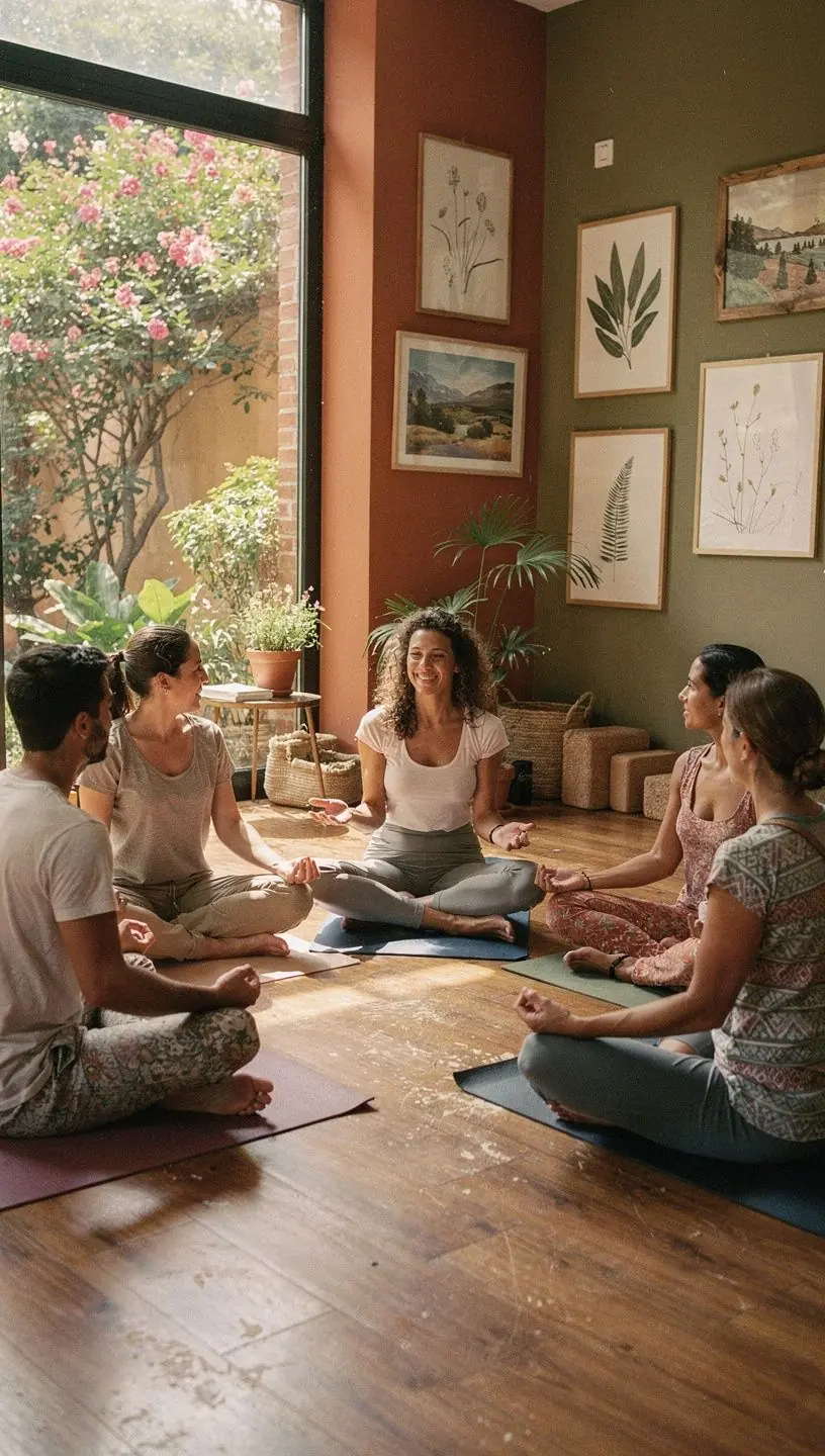 Instructor guiando una sesión de yoga en grupo, con enfasis en la respiración y la conexión.