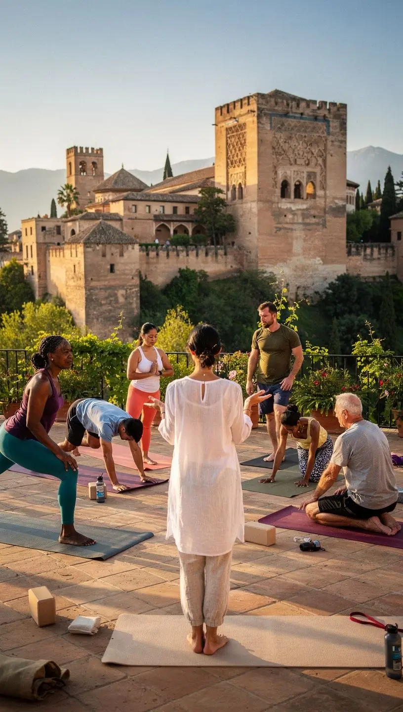 Grupo de personas practicando yoga al aire libre, rodeados de naturaleza.