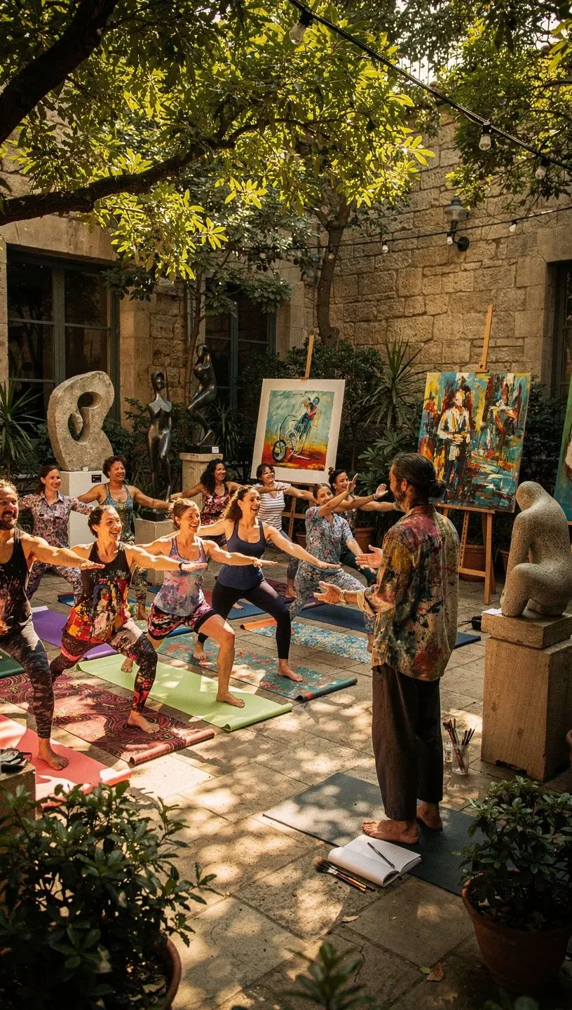 Una instructora de yoga guiando una sesión al aire libre, rodeada de naturaleza.