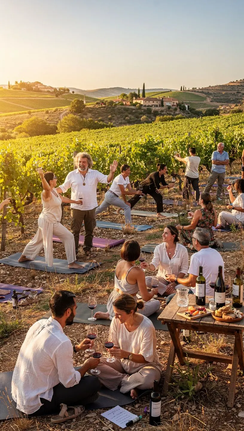 Participantes realizando posturas de yoga en armonía, conectando entre sí a través de la práctica.