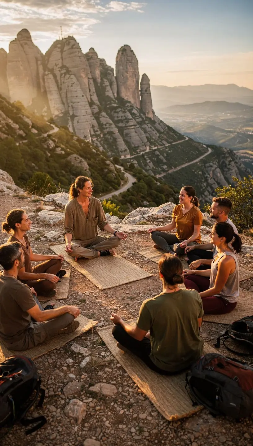 Una instructora de yoga guiando una sesión al aire libre, rodeada de naturaleza.