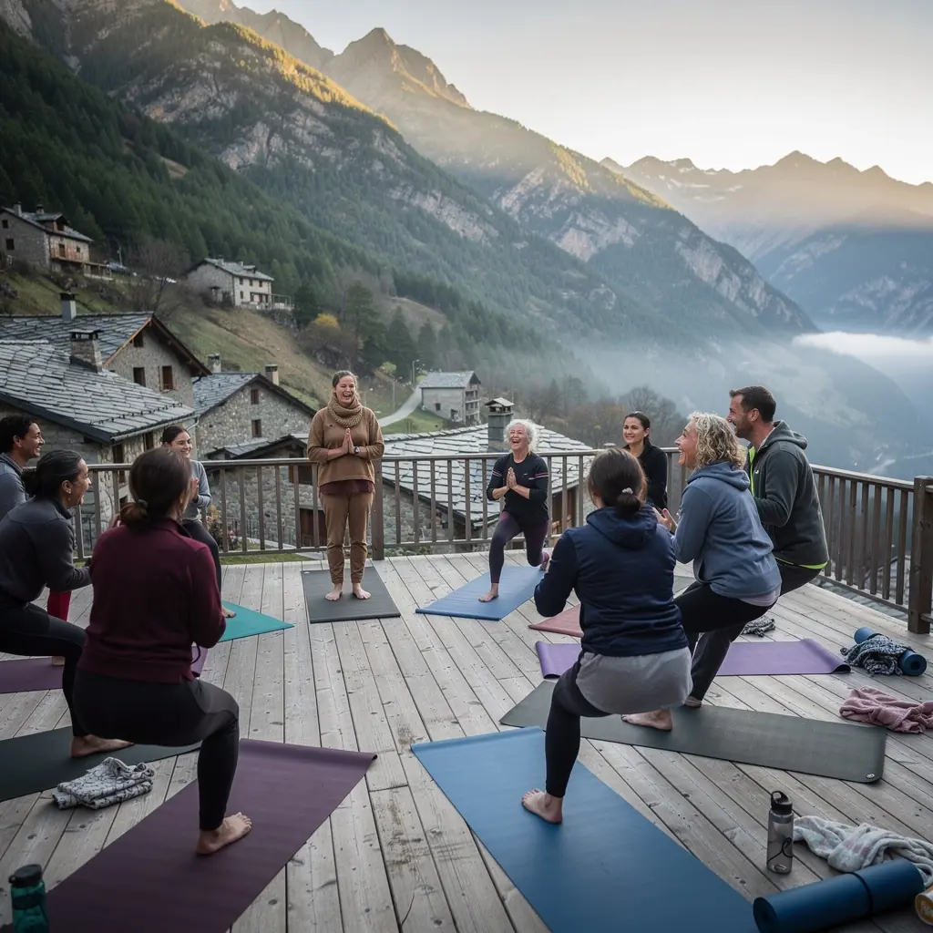 Una instructora de yoga guiando una sesión al aire libre, rodeada de naturaleza.