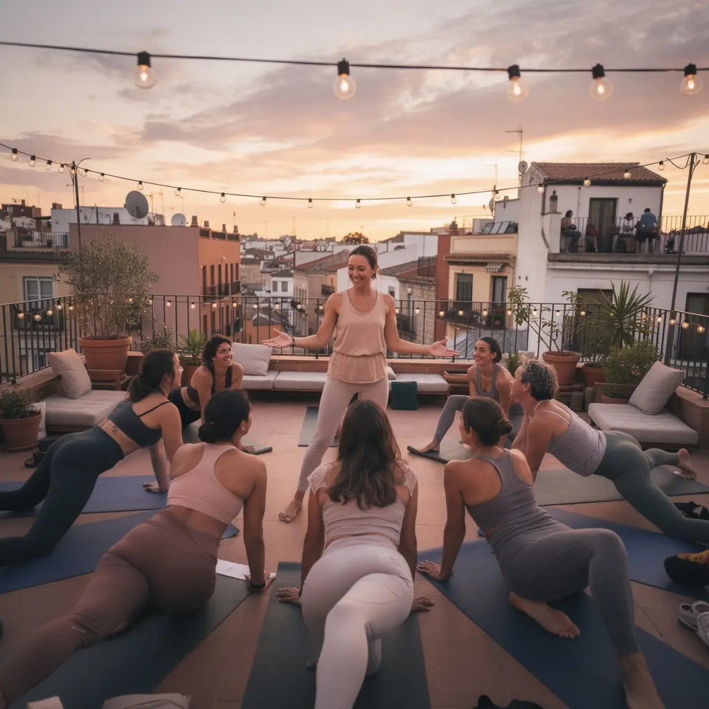 Una instructora de yoga guiando una sesión al aire libre, rodeada de naturaleza.