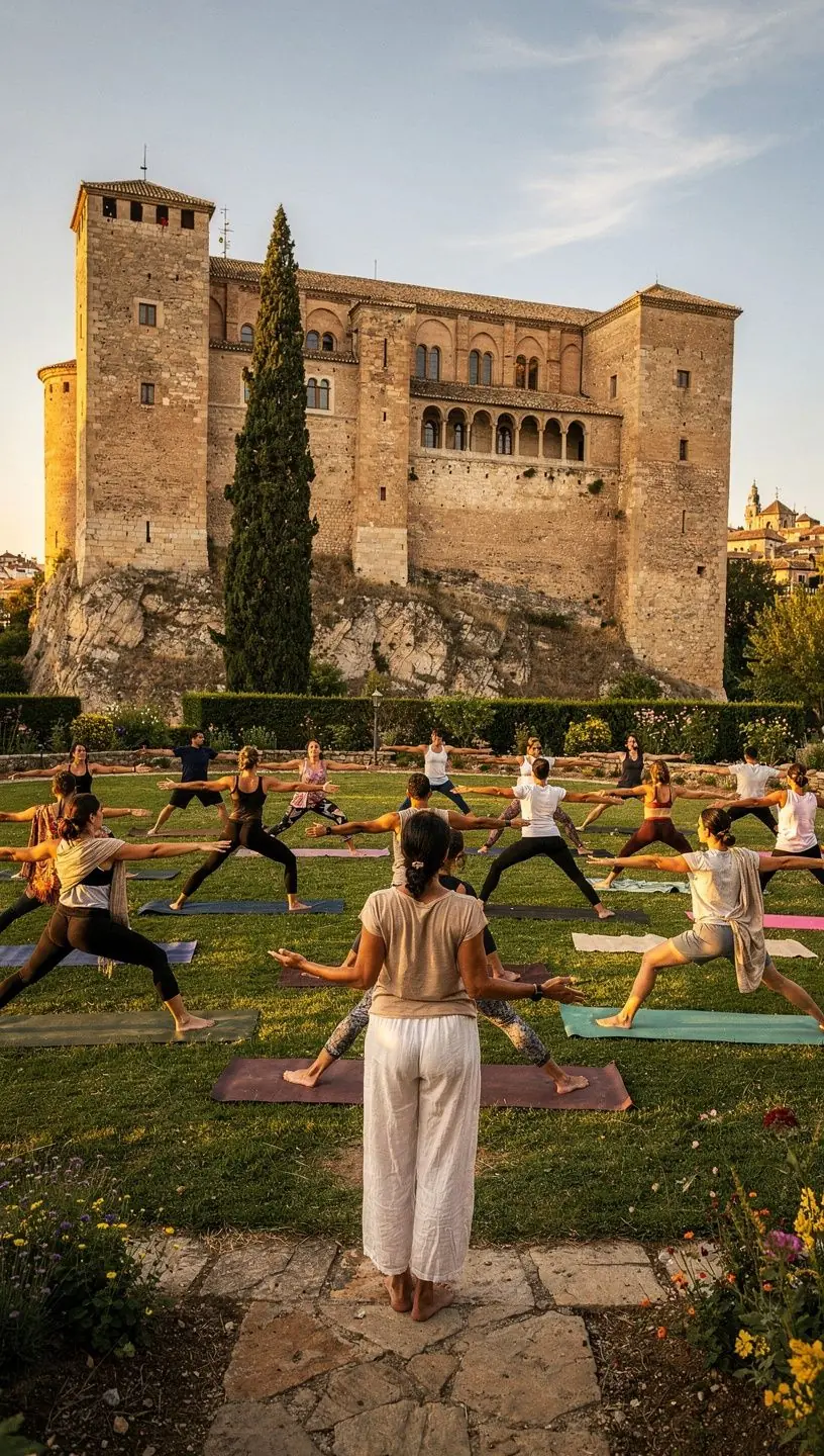 Una instructora de yoga guiando una sesión al aire libre, rodeada de naturaleza.