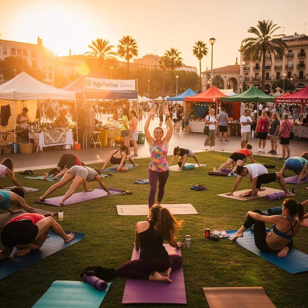 Una instructora de yoga guiando una sesión al aire libre, rodeada de naturaleza.